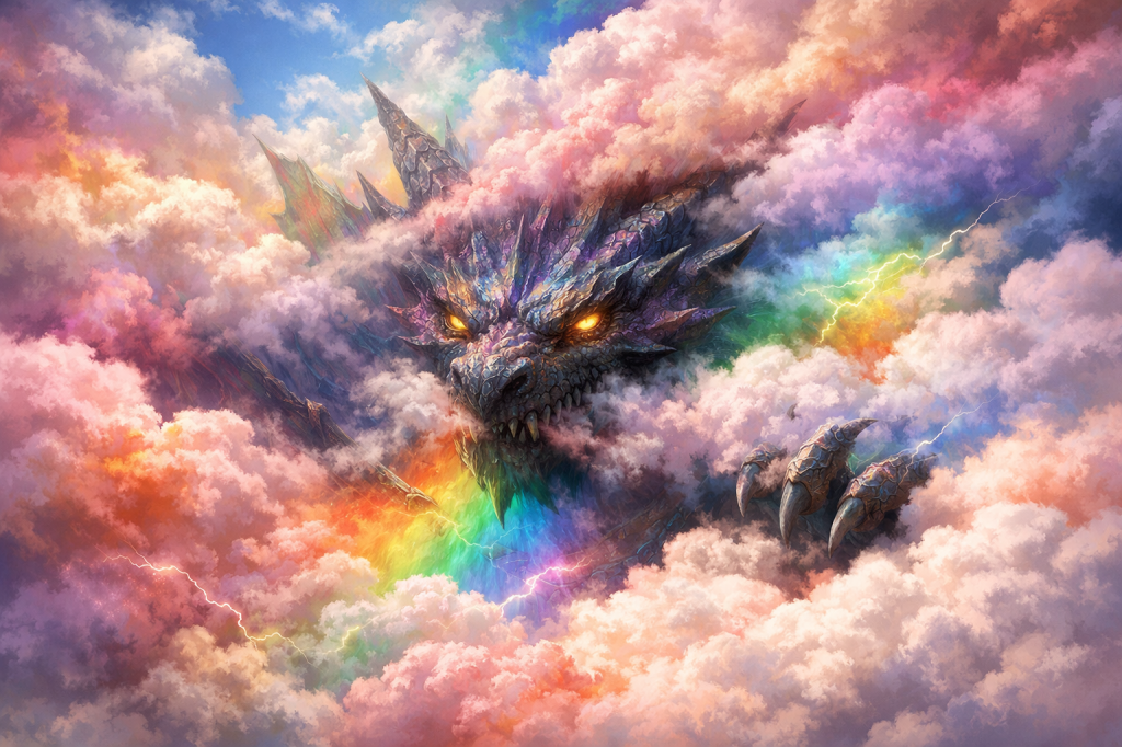 A menacing dragon head with glowing eyes and claws emerging from vibrant multicolored clouds