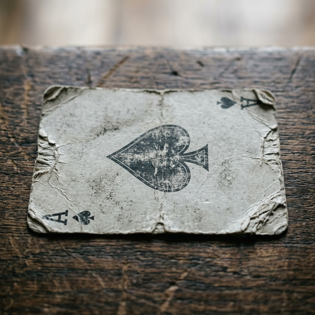 Worn ace of spades playing card on wooden table