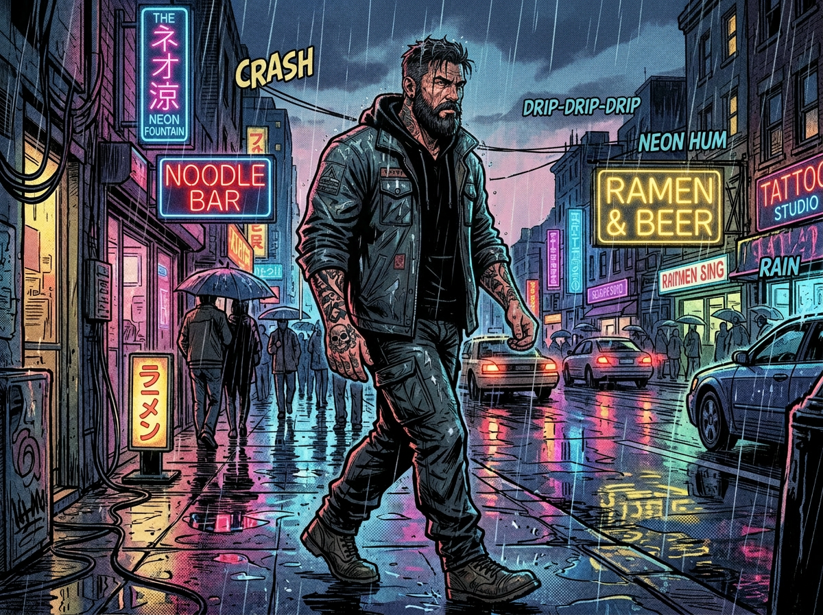 Tattooed man holding umbrella walking on rainy city sidewalk with neon signs
