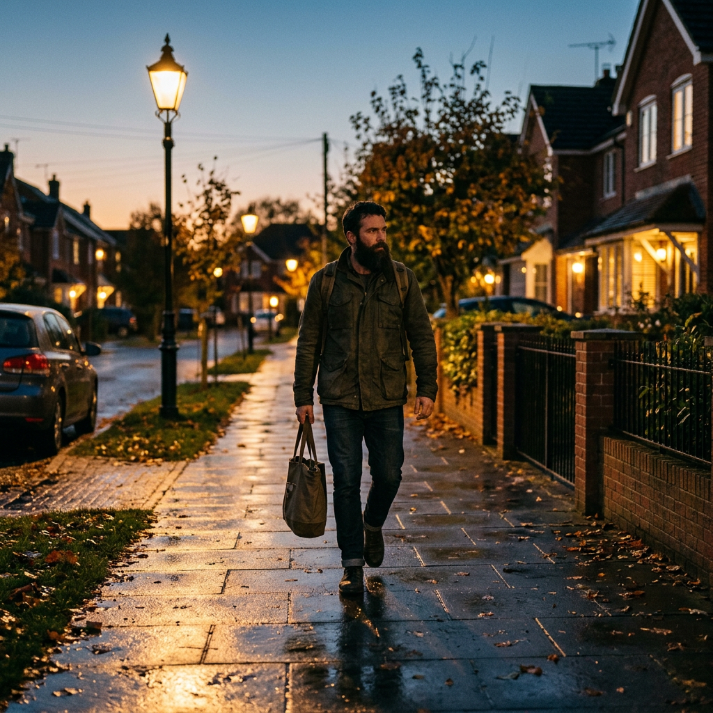 Man walking on wet sidewalk in neighborhood at dusk carrying bag