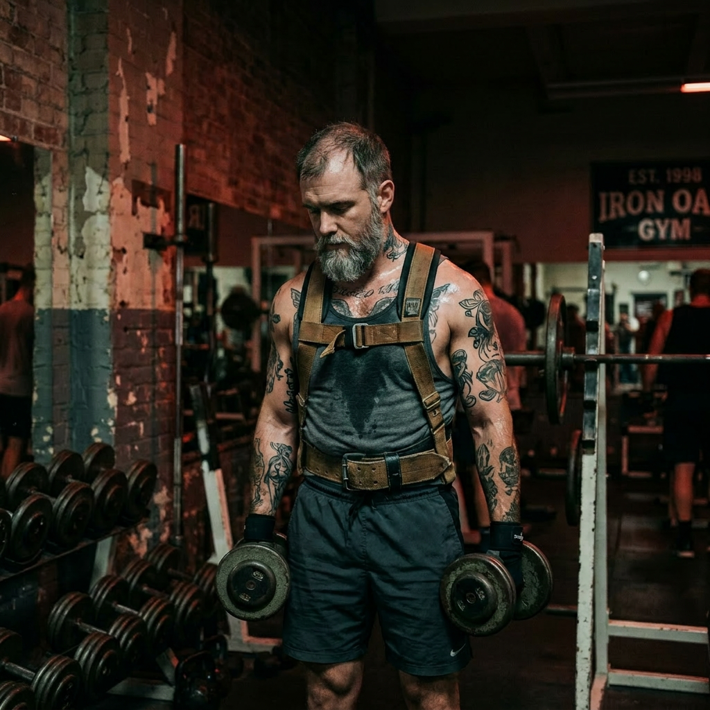 Man with tattoos lifting dumbbells in an industrial-style gym
