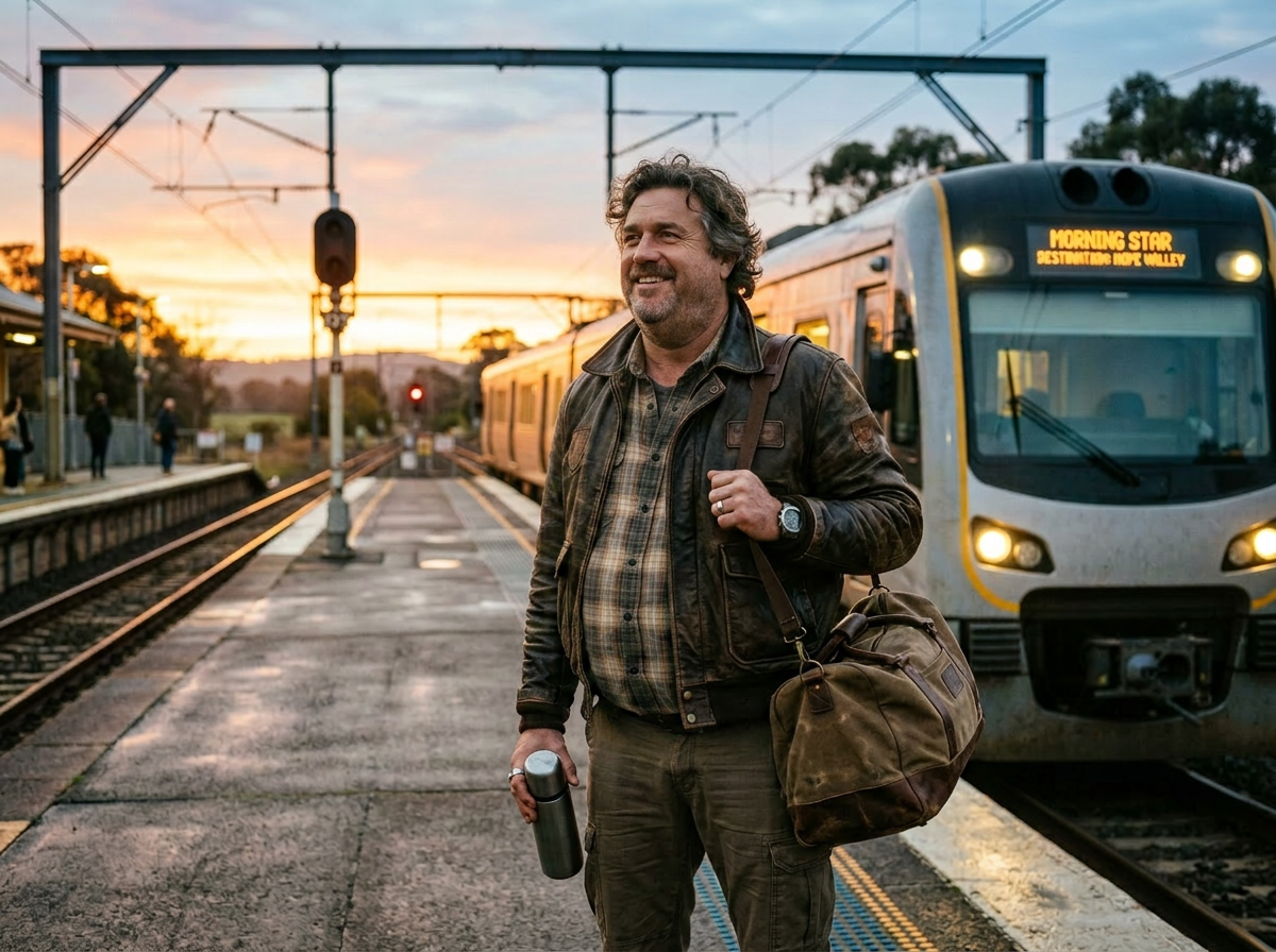 Man with bag and water bottle standing on train platform at sunrise