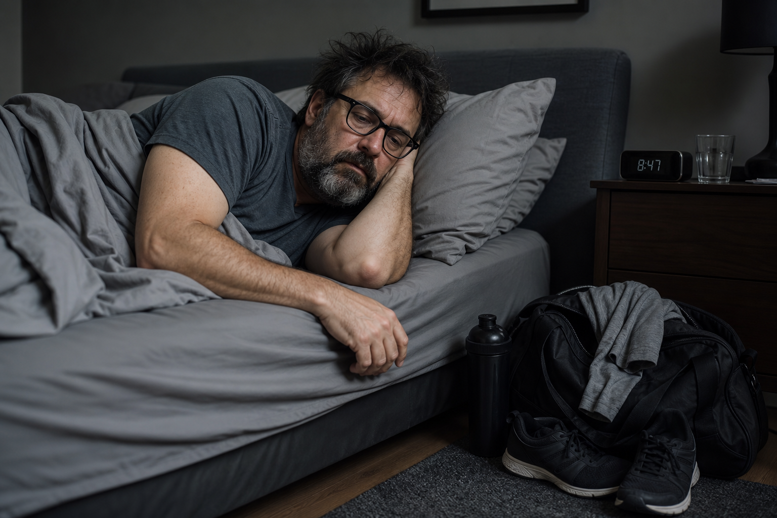 A tired man lying in bed beside packed gym kit, shoes and a water bottle, with the alarm clock showing 8:47