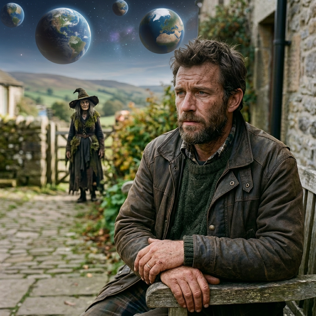 Younger rugged man, witch, alternate Earths in sky
